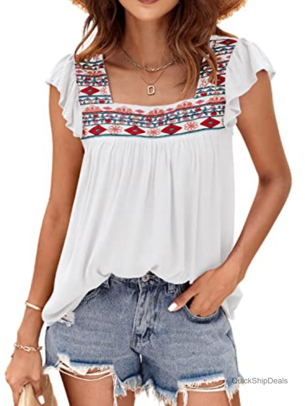 Womens Square Neck Embroidered Babydoll Peasant Blouse Ruffle Sleeve Flowy